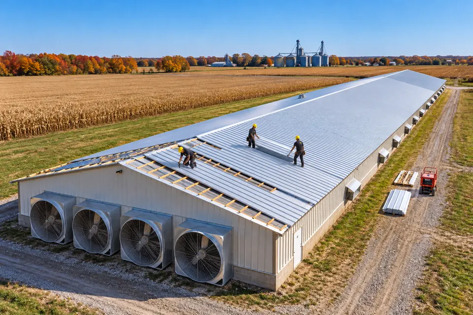 Roofer fastening standing seam metal panels on a commercial building roof